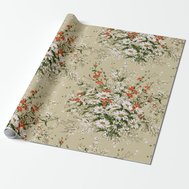 Papier Cadeau Aquarelle vintage Fleur sauvage Daisy Bouquet Beig (Déroulé)