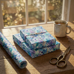 Papier Cadeau Aquarelle vive motif floral en bleu et Turquoise