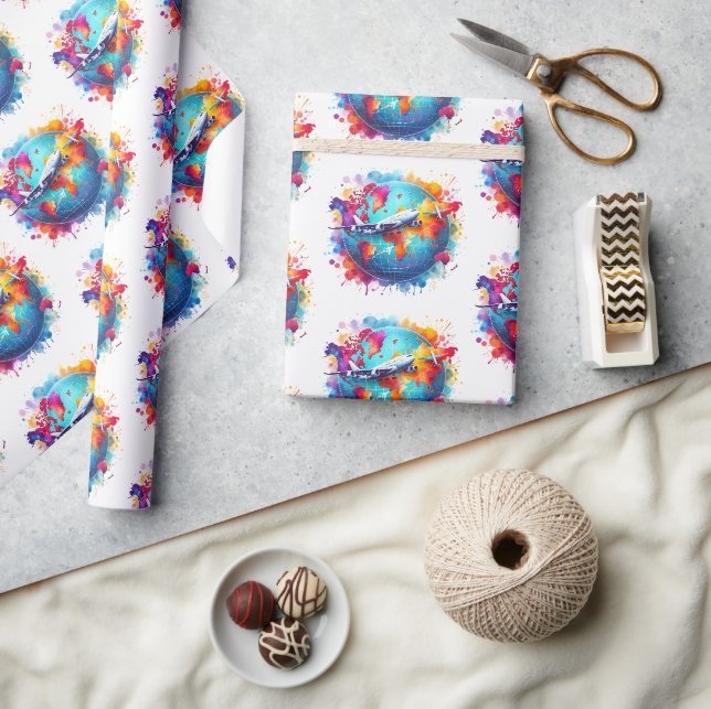 Papier Cadeau Aquarelle Voyageons dans le monde (Artisanat)