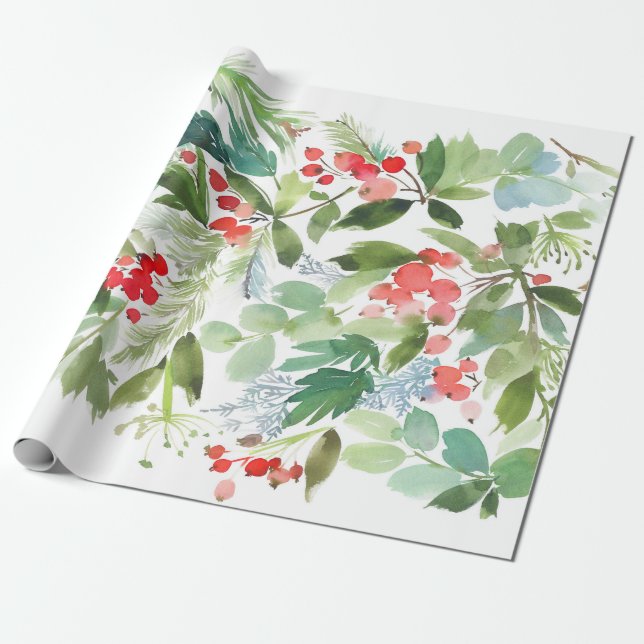 Papier Cadeau Aquarelle Winterberry Holly Motif de Noël (Déroulé)