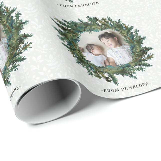 Papier Cadeau Aquarelle Wreath avec photo et nom Noël (Coin rond)