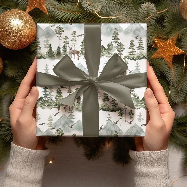 Papier Cadeau Aquarelles Et Noël Vert Cerf (Créateur téléchargé)