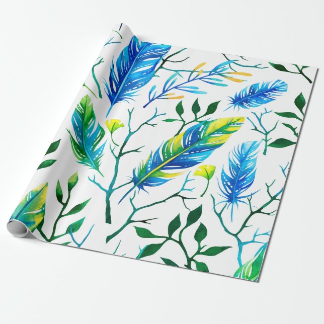 Papier Cadeau Aquarelles plumes et motif feuille (Déroulé)