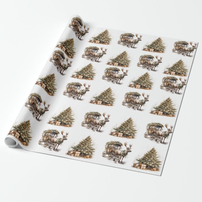 Papier Cadeau Arbre à chariot de rennes en or vert terre (Déroulé)