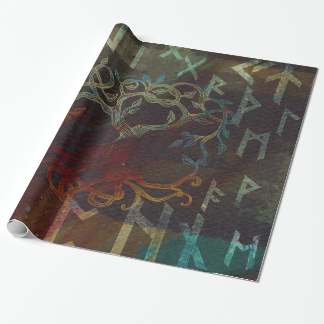 Papier Cadeau Arbre de la vie - Yggdrasil - et runes (Déroulé)