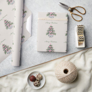 Papier Cadeau Arbre de Noël à motifs Chinois rose et vert Prépa