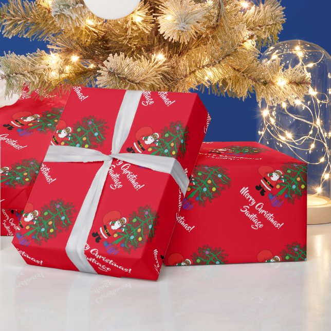 Papier Cadeau Arbre de Noël afro-américain du Père Noël Rouge (Vacances)