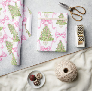 Papier Cadeau Arbre de Noël Aquarelle rose