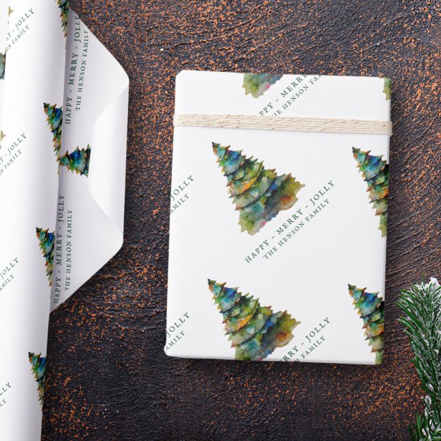 Papier Cadeau Arbre de Noël artistique Aquarelle Joyeux Jolly (Créateur téléchargé)