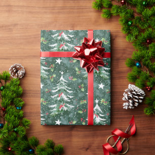 Papier Cadeau Arbre de Noël avec baies Holly et flocons de neige