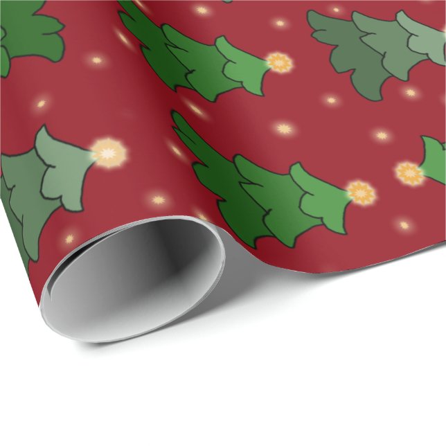 Papier Cadeau Arbre de Noël avec des étoiles sur le rouge fait (Coin rond)