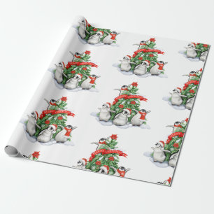 Papier Cadeau Arbre de Noël avec pingouins Noël