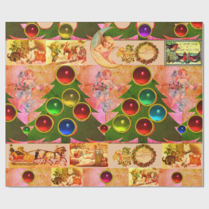 PAPIER CADEAU ARBRE DE NOËL, BALLES COLORÉES, ANGES, ENFANTS