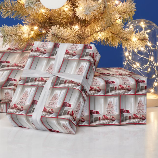 Papier Cadeau Arbre de Noël blanc avec cadeaux (Vacances)
