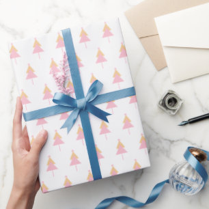 Papier Cadeau Arbre de Noël blanc rose jaune minimal
