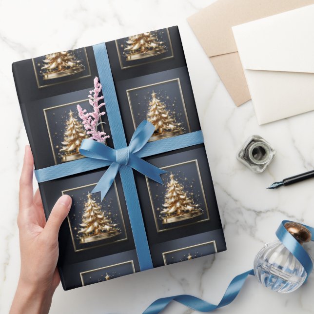 Papier Cadeau Arbre de Noël bleu doré motif sans fin noël (Cadeaux)