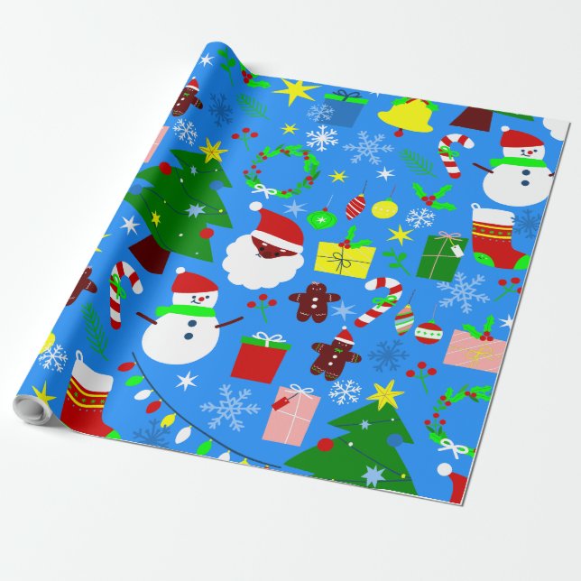 Papier Cadeau arbre de Noël bleu noir père Noël (Déroulé)