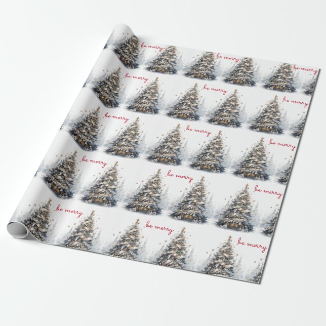 Papier Cadeau Arbre de Noël Bleu Satin or Soyez joyeux (Déroulé)