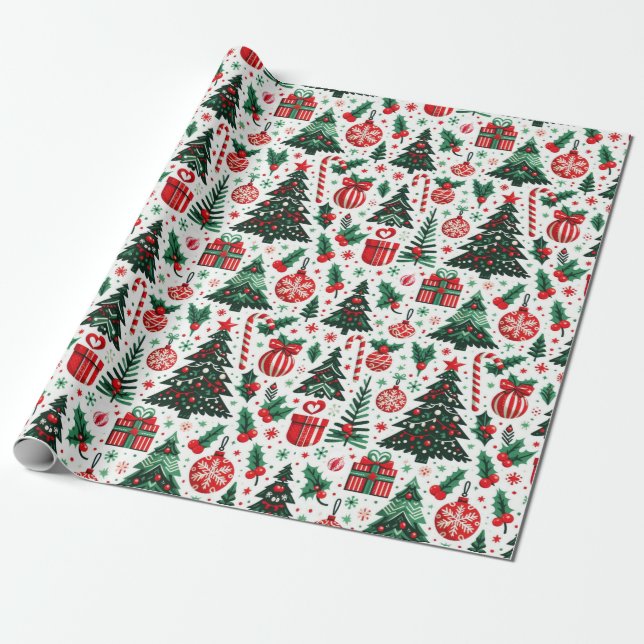 Papier Cadeau Arbre de Noël, cadeaux, sucre de canne (Déroulé)
