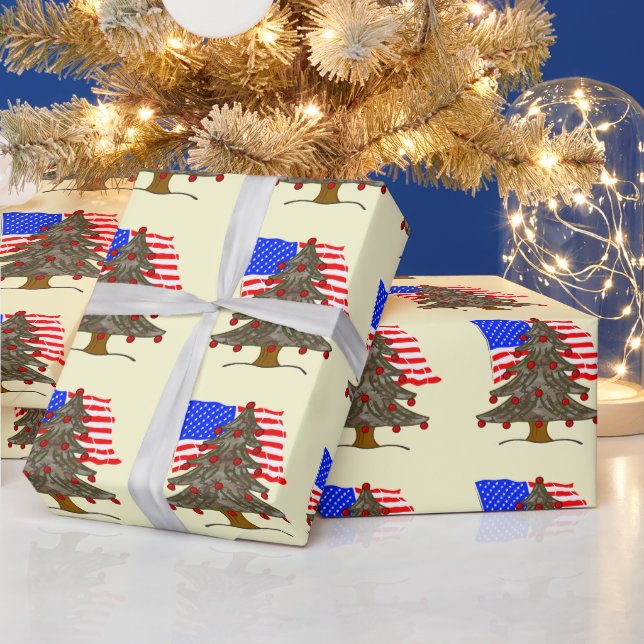 Papier Cadeau Arbre de Noël camouflage désert avec drapeau améri (Vacances)