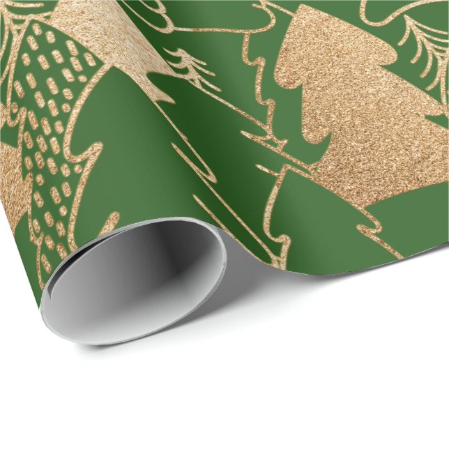 Papier Cadeau Arbre de Noël d'hiver Parties scintillant d'or ver (Coin rond)