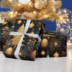 Papier Cadeau Arbre de Noël doré de luxe aux accents Turquoises 