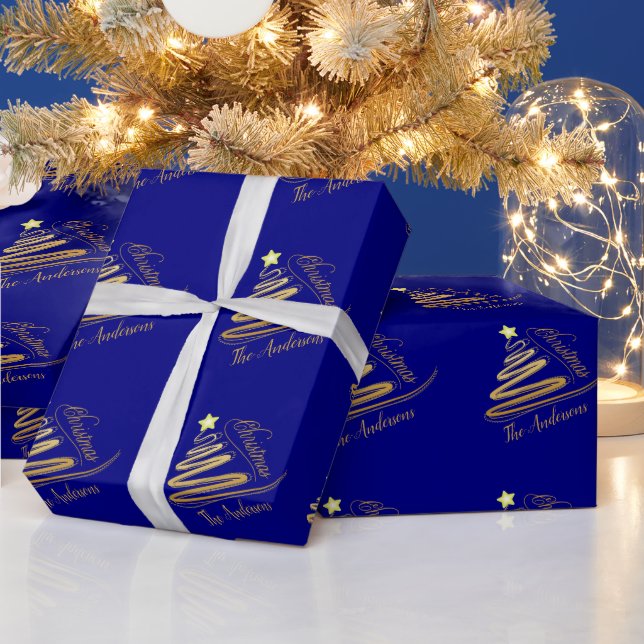 Papier Cadeau Arbre de Noël Elegant Marine Blue Gold (Vacances)