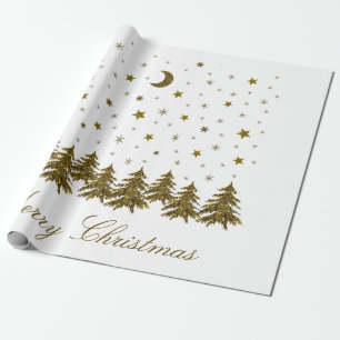Papier Cadeau Arbre de Noël en or brillant, lune, étoiles Noël