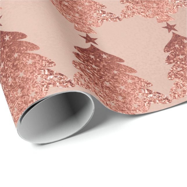Papier Cadeau Arbre de Noël en poudre rose or (Coin rond)