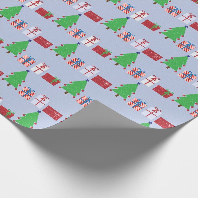 Papier Cadeau Arbre de Noël et cadeaux en bleu clair (Coin)