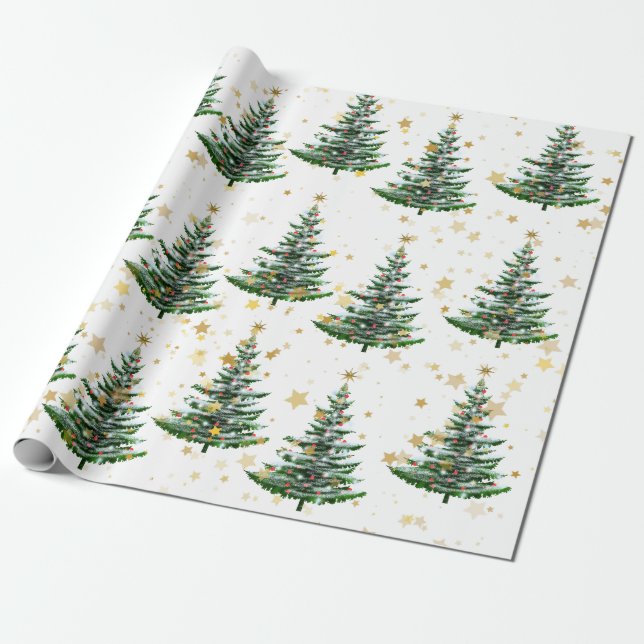 Papier Cadeau Arbre de Noël et étoiles d'or (Déroulé)