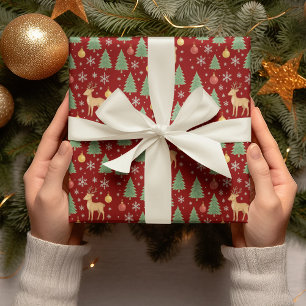 Papier Cadeau Arbre de Noël et rennes aquarelles -