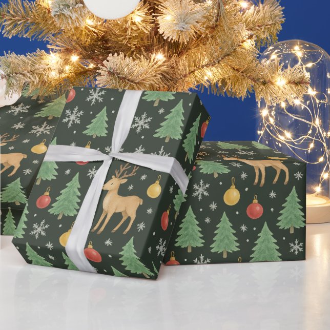 Papier Cadeau Arbre de Noël et rennes aquarelles - (Vacances)