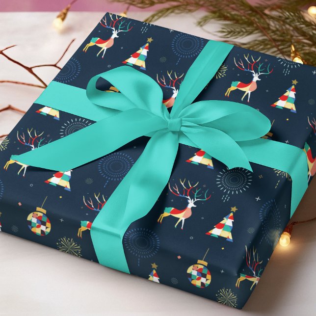 Papier Cadeau Arbre de Noël géométrique moderne rennes (Créateur téléchargé)