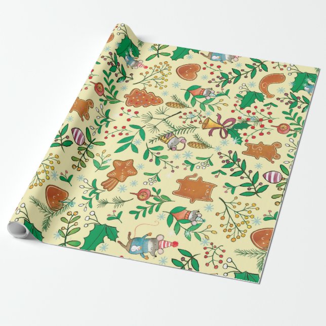 Papier Cadeau Arbre de Noël, gui et papier d'emballage de souris (Déroulé)