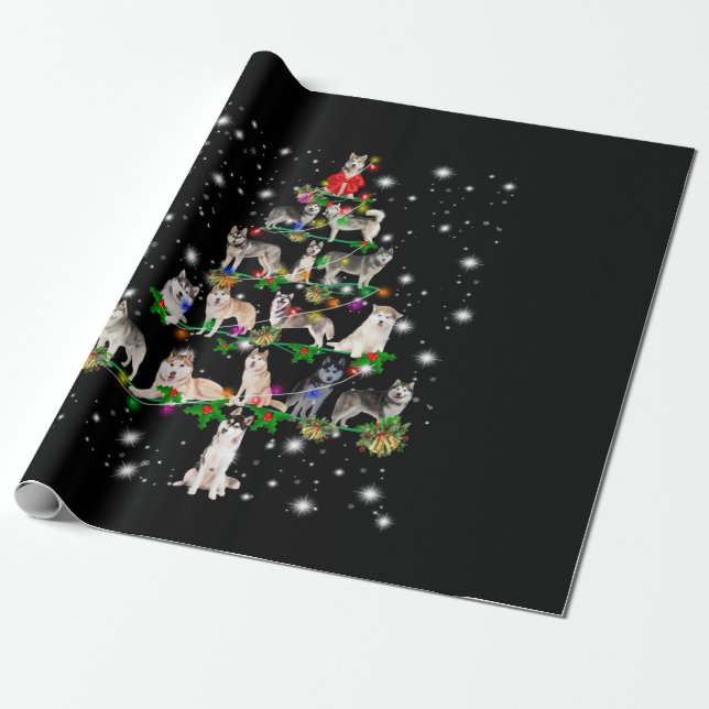 Papier Cadeau Arbre De Noël Husky Couvert De Flamme De Feu (Déroulé)