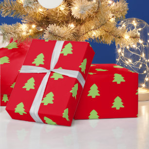 Papier Cadeau Arbre de Noël minimal rouge et Motif vert clair