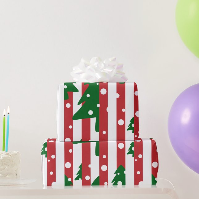 Papier Cadeau Arbre de Noël moderne motif rouge vert rayé (Cadeaux de fête)