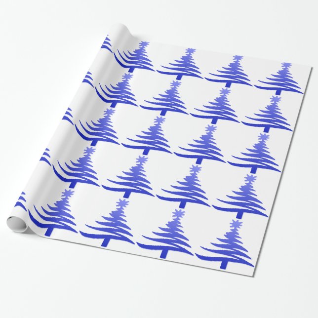 Papier Cadeau Arbre de Noël Moderne Pochoir Imprimé Bleu (Déroulé)