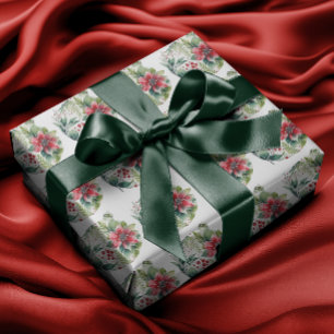 Papier Cadeau Arbre de Noël moderne Poinsettia Bobble