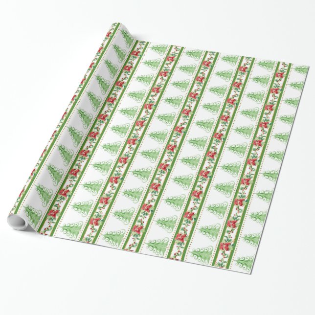 Papier Cadeau Arbre de Noël moderne Swirl Poinsettia rayé (Déroulé)
