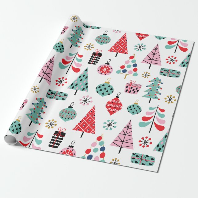 Papier Cadeau Arbre de Noël. Motif moderne bleu, rouge et rose (Déroulé)
