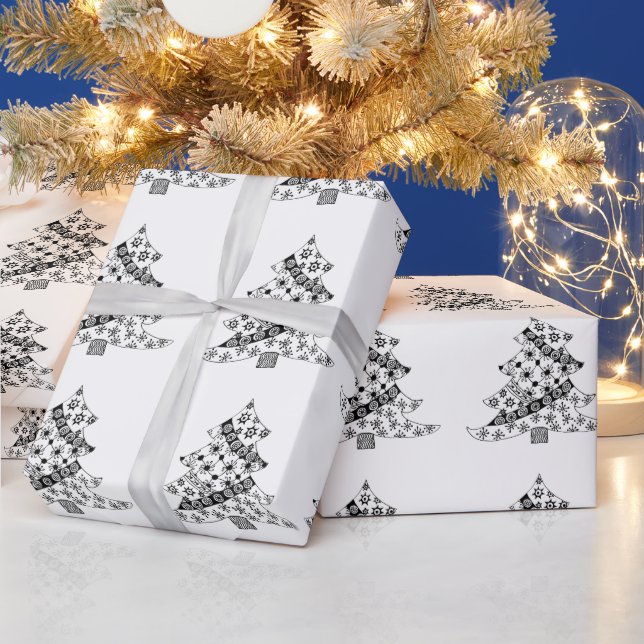 Papier Cadeau Arbre de Noël Motif noir et blanc (Vacances)