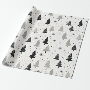 Papier Cadeau Arbre de Noël noir, blanc et gris Motif