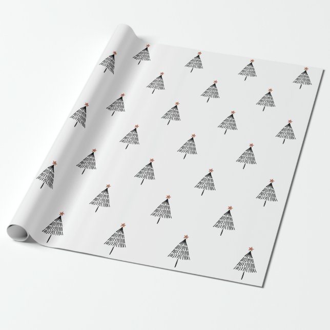 Papier Cadeau Arbre de Noël noir et blanc simple Star Gold (Déroulé)