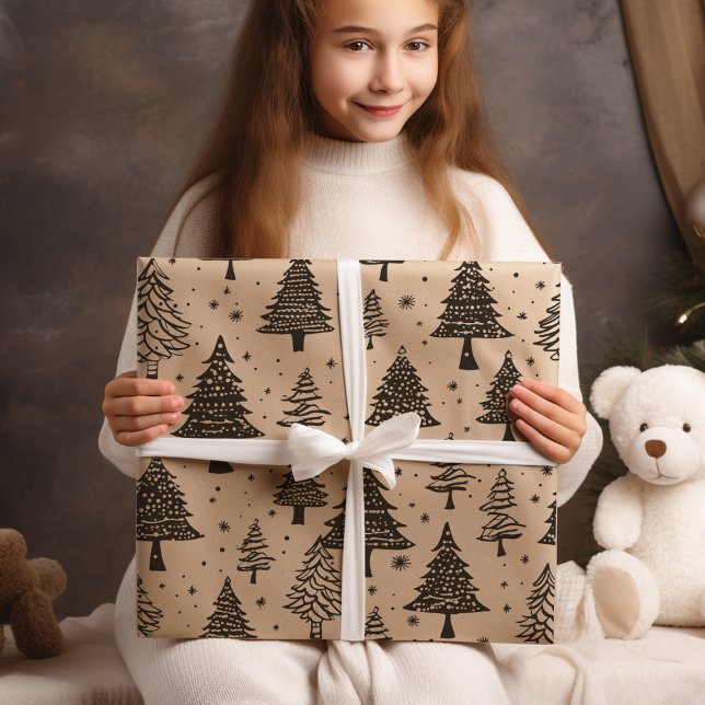 Papier Cadeau Arbre De Noël Noir Et Crème Moderne (Créateur téléchargé)