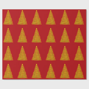 Papier Cadeau Arbre de Noël or sur papier à enveloppement rouge