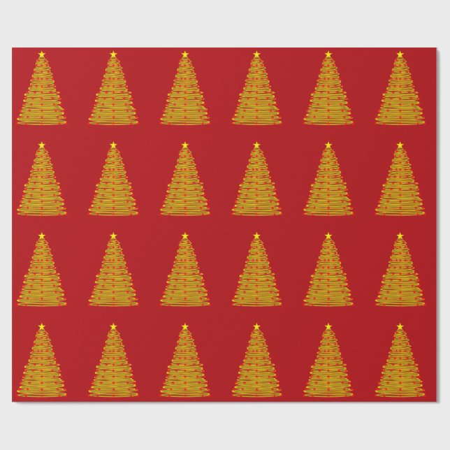 Papier Cadeau Arbre de Noël or sur papier à enveloppement rouge (Plat)