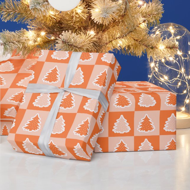 Papier Cadeau Arbre de Noël Orange Rétro Tartan Plaid Orange (Vacances)
