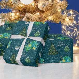 Papier Cadeau Arbre de Noël, ornements et cadeaux couleur verte